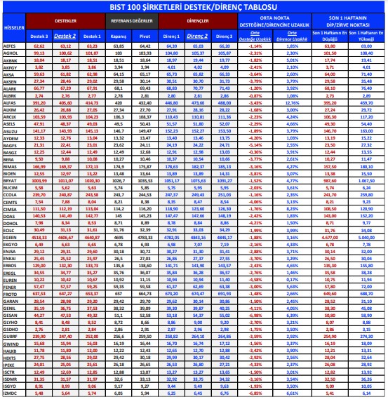 BIST 100 Şirketleri Destek/Direnç Tablosu 