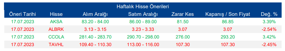 Haftalık Hisse Önerileri