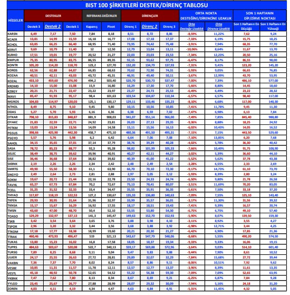 BIST 100 Şirketleri Destek/Direnç Tablosu