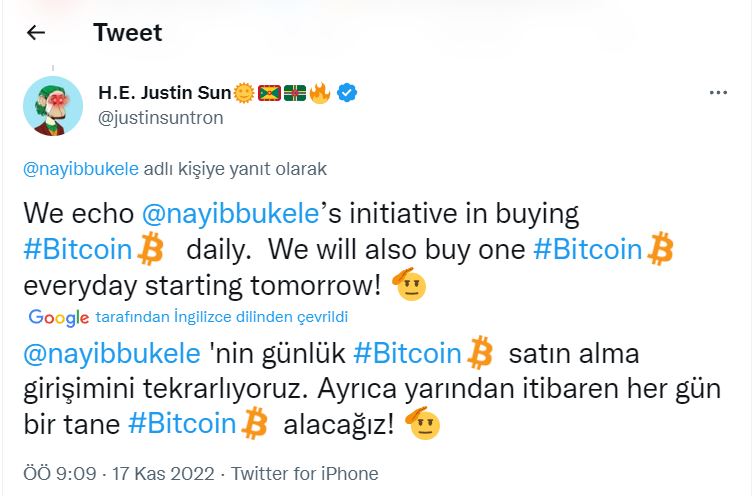 Justin Sun, Her Gün 1 BTC Alacağını Duyurdu