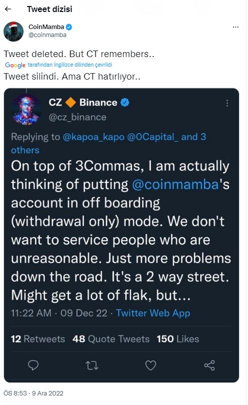 Binance CZ, Attığı Tweeti Sildi