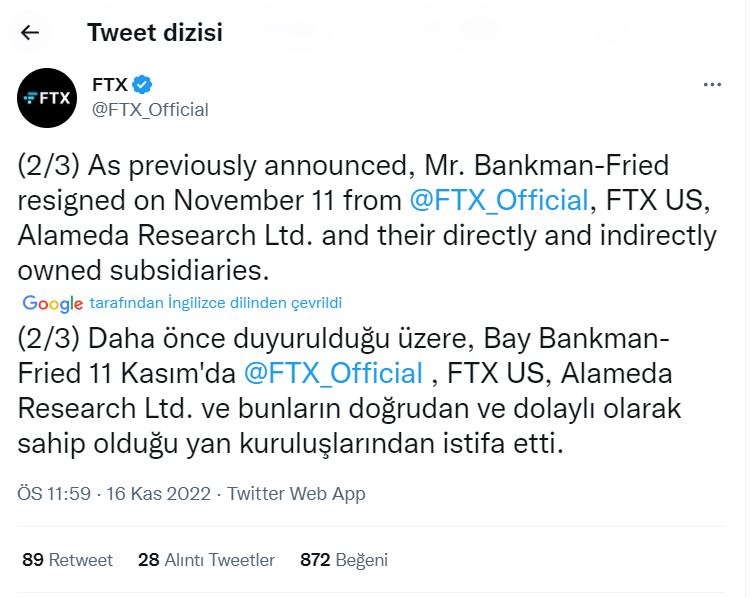 FTX'ten Sam Bankman Fried (SBF) Açıklaması