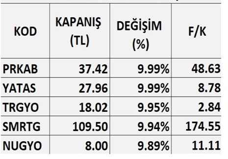 Tavan Olan Hisselerin F/K Oranları