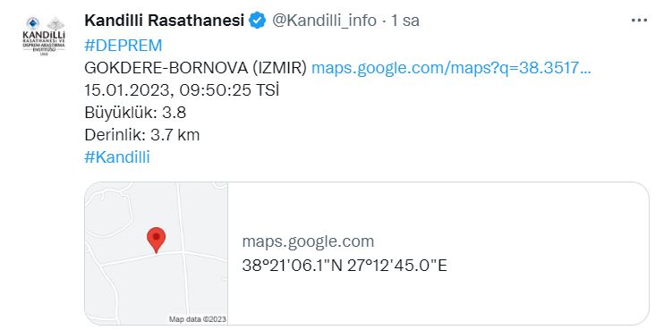 Kandilli Rasathanesi, Bornova'da Deprem Olduğunu Duyurdu