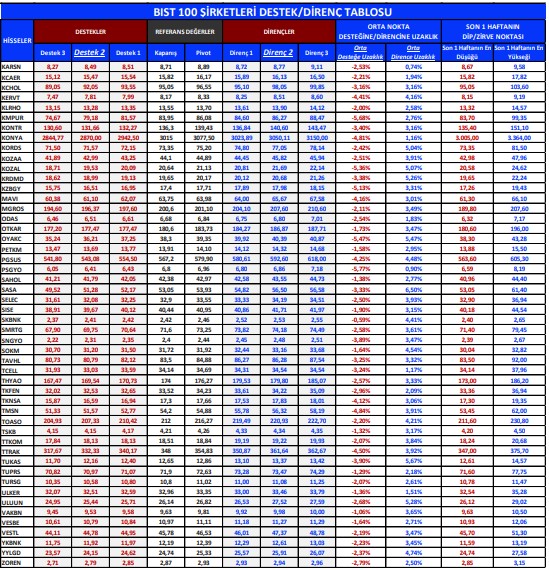 BIST 100 Şirketleri Destek/Direnç Tablosu 