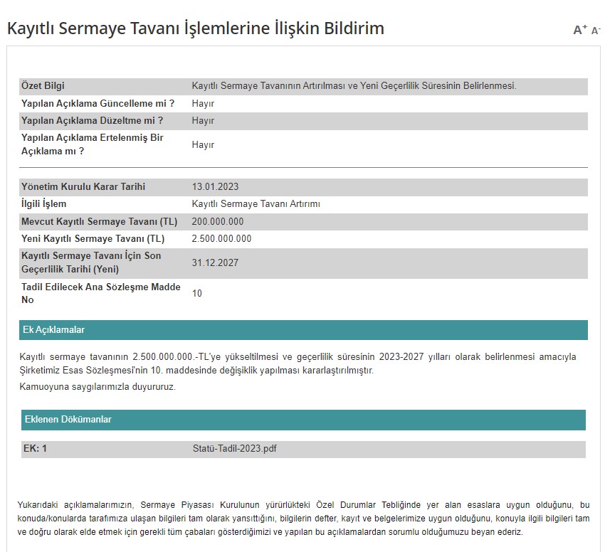 BOSSA, Sermaye Değişikliğine Gidiyor