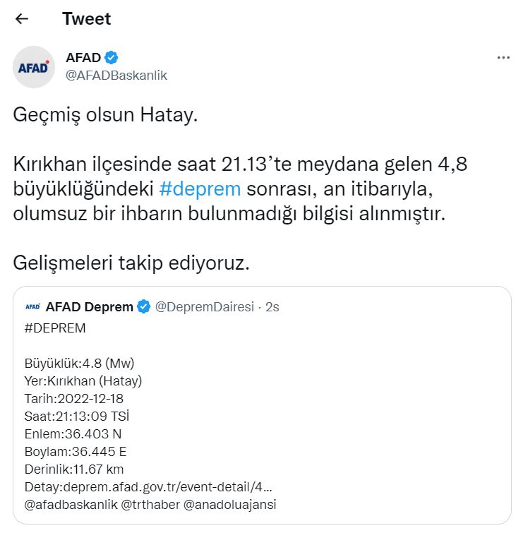 Hatay'da Yaşanan Depreme İlişkin AFAD Açıklama Yaptı